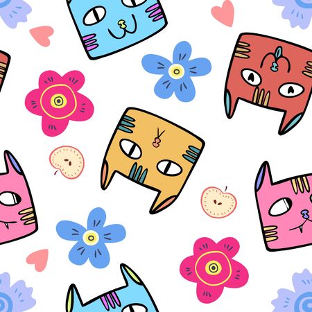 Seamless pattern of cats faces with different emotions.のイラスト素材