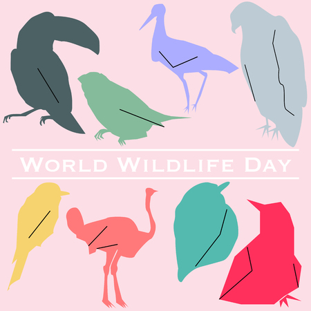 set of birds in pastel colors. World Wildlife Day, March 3. Can be used for your postcard, card, banner, poster and calendar.のイラスト素材