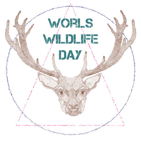 illustration of  deer in retro style. World Wildlife Day, March 3. Can be used for your design, card, banner, poster and calendar.のイラスト素材