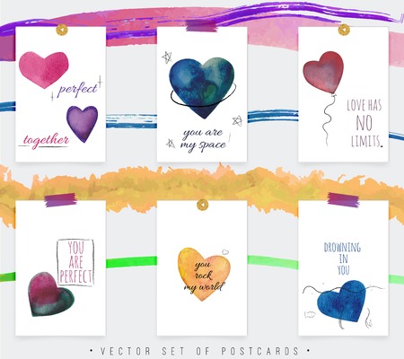 Vector set of creative postcards. Postcards with beautiful hearts and love declarations.のイラスト素材