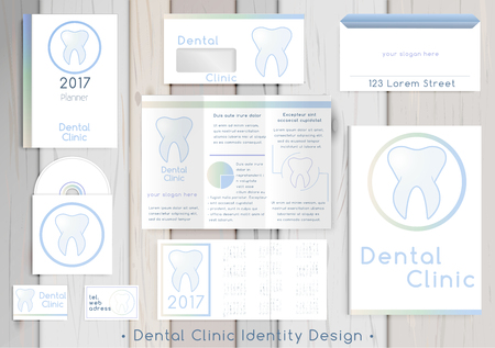 Dental Clinic corporate identity template design set. Documentation for business. Business stationery. Company style for brandbook and guideline with colorful abstract logo.のイラスト素材