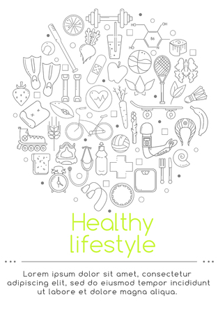 Vector banner of icons for your web design. Banner includes icons of healthy food and sport. Healthy lifestyle concept.のイラスト素材