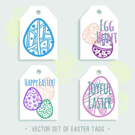 Vector set of printable Easter tags with bright eggs. Blue, red, pink, yellow, orange and green colors. Easy to edit and ready to use. Hand drawn holiday labels.のイラスト素材