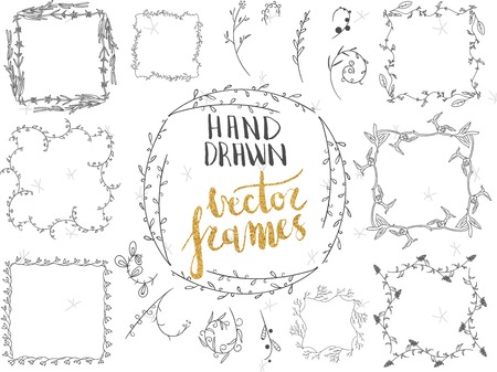 Vector set of hand drawn floral frames and decorative elements. Floral Frame Collection. Retro floral elements arranged in a shape of the wreath. Perfect for wedding invitations and birthday cards.のイラスト素材