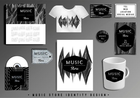 Music Store corporate identity template design set. Business stationery. Vector mock up. Company style for brand book and guideline with retro logo.のイラスト素材