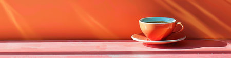 A cup of coffee on an orange background. The minimalist setting emphasizes simplicity and relaxation, symbolizing warmth and a peaceful morning momentの素材