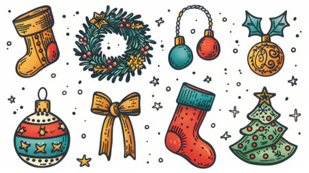 Christmas elements including wreaths, baubles, and gifts for festive decorの素材