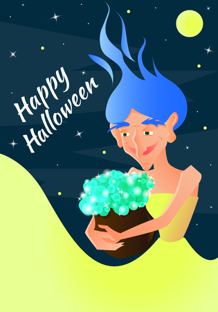 Vector Illustration for Halloween. Witch against the background of the night sky, holding a pot of potions in her hands.のイラスト素材
