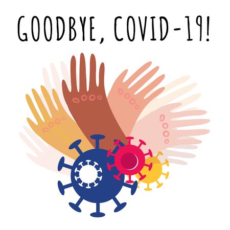 Stock vector illustration of hands with different skin colors waving goodbye to the passing coronavirus pandemic on white background. Joy and happiness from the end of quarantine and the Covid-19.のイラスト素材