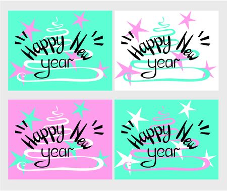Vector illustration of New Year poster, background, flyer, banner, lettering design in blue, pink, white and black colors.のイラスト素材