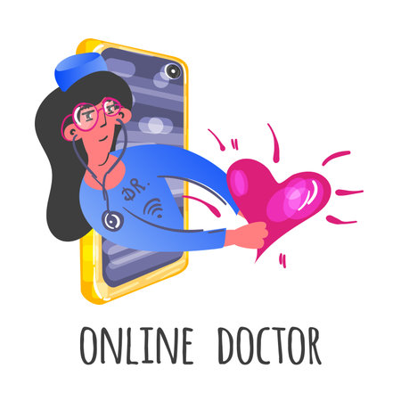 Stock vector illustration of smartphone screen with female therapist on chat in messenger and an online consultation. Online doctor. Healthcare services. Ask a doctor. Online medical support, advice.のイラスト素材