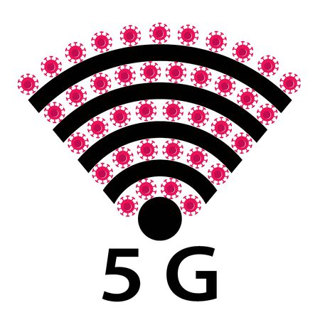 Vector Icon design of coronavirus 5g zone concept on white background. Conspiracy theorists attacked 5G cell towers to save from coronavirus. Virus and Internet. Wifi Signals and Covid-19 conspiracy.のイラスト素材