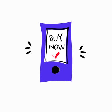 Hand drawn doodle style stock vector illustration of check mark with the inscription "Buy now" on smartphone screen. White isolated background. Smartphone icon design element. Online shopping concept.のイラスト素材