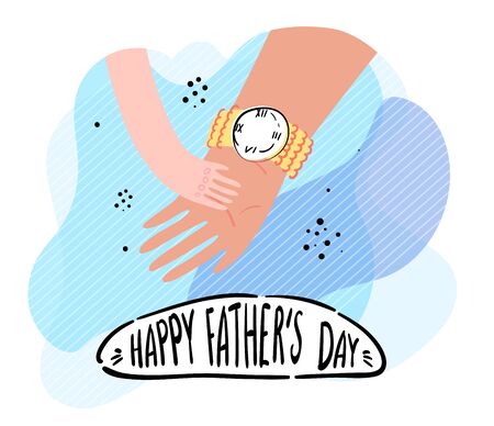 Happy Father's Day greeting card with hand lettering. Father's hand with a wrist watch holds the hand of a child on the blue organic shapes background. Emotion of trust. Stock vector illustration.のイラスト素材