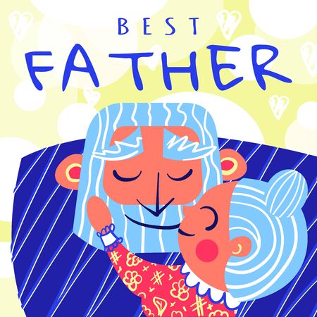Stock vector illustration of best father in the world for father's day. Little daughter hugs big strong father. Happy Fathers Day greeting card for posters, flyers, invitations, prints, social media.のイラスト素材