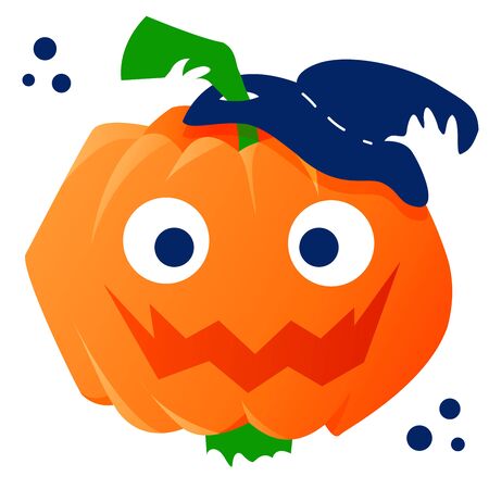 Stock vector illustration of smiling halloween pumpkin in hat. Autumn holidays. Happy Halloween Funny icon for party invitations or greeting cards with traditional symbols. White isolated background.のイラスト素材
