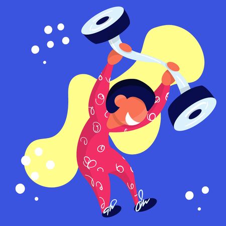 Stock vector illustration of fitness baby with barbell in his hand. Stay home, keep fit. Body positive. Fitness workout, sport at home. Kids do sports too. Healthy lifestyle. Family sport.のイラスト素材