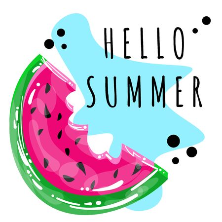 Stock vector illustration of watermelon . Hello summer Fresh watermelon slice for poster, print, template, card, icon. Summer food concept isolated on blue background. Fresh healthy food.のイラスト素材