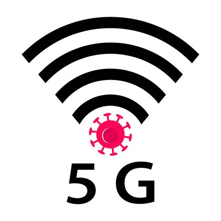 Wifi Signals and Covid-19 conspiracy. Vector Icon design of coronavirus 5g zone concept on white background. Conspiracy theorists attacked 5G cell towers to save from coronavirus. Virus and Internet.のイラスト素材