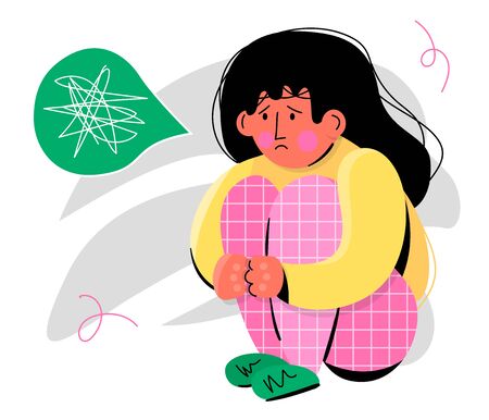 Stock vector illustration of depressed sad girl sitting in a closed pose, hugging her knees. The concept of support and care for people under stress. Psychology, depression, bad mood.のイラスト素材