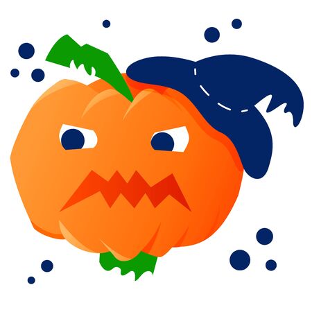 Stock vector illustration of evil halloween pumpkin in hat. Autumn holidays. Happy Halloween funny icon for party invitations or greeting cards with traditional symbols. White isolated background.のイラスト素材