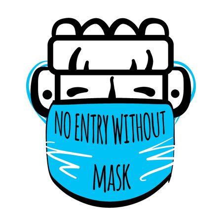 No entry without face mask. Stock vector illustration of human character in medical mask. Passage only in mask, without mask entry is prohibited. Advertisement for protection, prevention coronavirusのイラスト素材