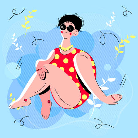 Stock vector illustration of smiling girl with short hair in sunglasses and swimsuit. Relaxed pose for relaxing on the beach or in the hotel pool. Beach party and holiday. Summer female character.のイラスト素材