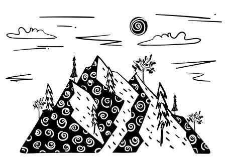 Stock vector illustration of line art landscape with mountains and trees with texture. Hand drawn design for outdoor adventure expedition, shirt pattern, print stamp. Black sketch on white backgroundのイラスト素材