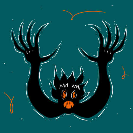 Happy Halloween hand drawn illustration with scary monster with arms raised with claws and open mouth with fangs. Stock vector cartoon style for banner, poster, greeting card, party invitation.のイラスト素材