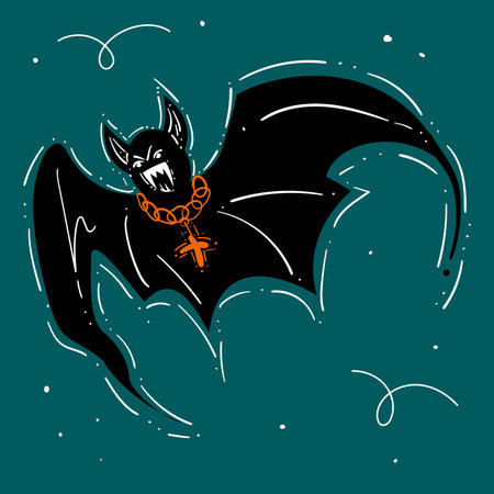 Happy Halloween hand drawn illustration with terrible scary bat with fangs. Stock vector cartoon...