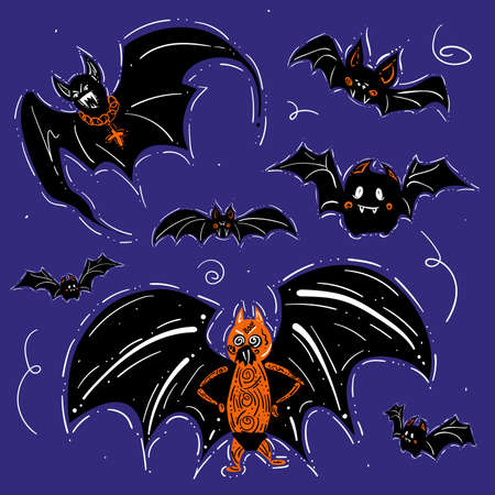 Happy Halloween hand drawn set with terrible scary and funny bats with fangs. Stock vector illustration in cartoon style for banner, poster, greeting card, party invitation. Dark background.のイラスト素材
