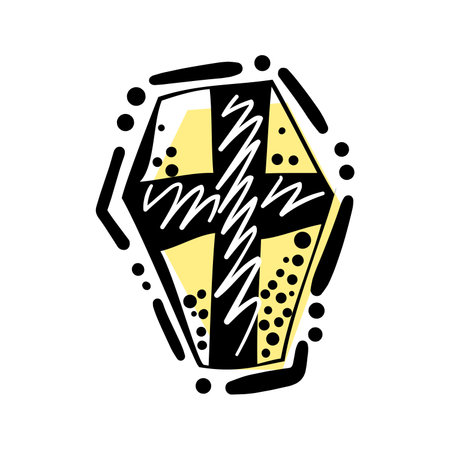 Happy Halloween hand drawn illustration with tombstone icon. Stock vector cartoon style for banner, poster, greeting card, party invitation. Tombstone RIP on white isolated background.のイラスト素材