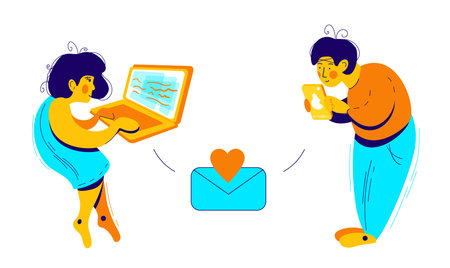 Modern digital technologies. Girl with laptop and guy with smartphone use them for communication. Reading news, texting message, playing games, social network, internet surfing. Ð¡artoon characters.のイラスト素材