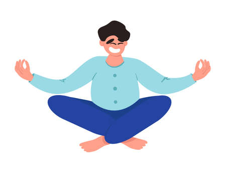 Smiling man practicing yoga and meditation. Fitness healthy lifestyle. Flat male character doing asanas, yoga poses. Guy sits in lotus position. Stock vector illustration isolated on white backgroundのイラスト素材