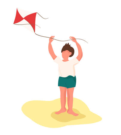 Little happy boy flying a kite on the beach. Stock vector flat color illustration with faceless male child character. Children sea vacation and kids beach activity. White isolated background.のイラスト素材