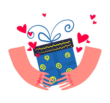 Happy Valentine's gift box icon design template with ribbon and hands. Gift card for any holiday or congratulations. Typography design in cartoon style. Giveaway. Stock vector illustration.のイラスト素材