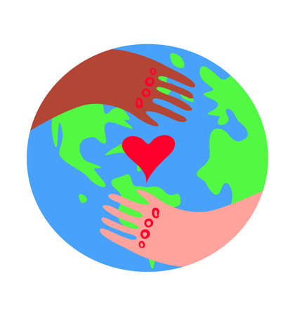World environment day, Earth day, ecological, save a clean planet concept. Black and white man's hands around the heart and planet Earth. Eco poster, postcard, print design. Vector flat illustration.のイラスト素材