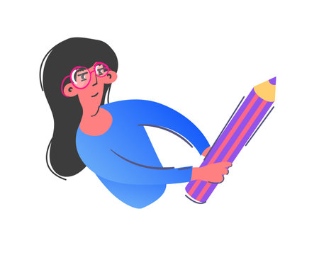 Back to school banner, poster, flat design. Teacher with glasses holding a pencil and writing the text. Stock vector illustration on white background. Time for knowledge, learning aのイラスト素材