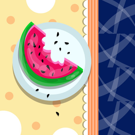 Overhead view of watermelon with seeds on plate. hello summer. Fresh watermelon slice for poster, print, template, card, icon. fresh healthy food. Summer food concept, stock vectorのイラスト素材