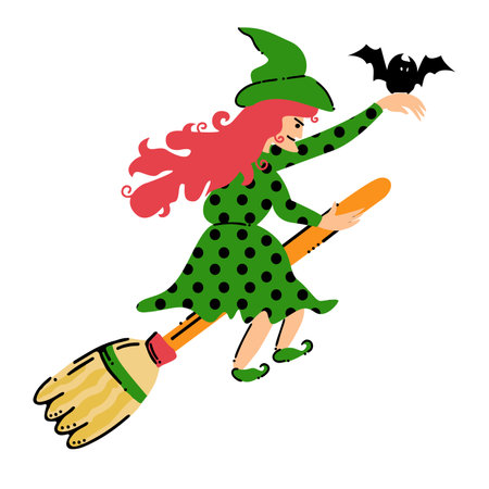 Cartoon flying witch on a broomstick with bat. Vector illustration for Halloween. Hand drawn decorative design element for flyer, invitation card, poster, banner isolated on white background.のイラスト素材