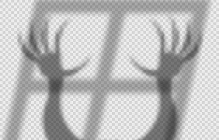 Shadow overlay effect for halloween with scary hands with long nails against the background of the window. Mockup of transparent shadow overlay effect and natural lightning. stock vector illustration.のイラスト素材