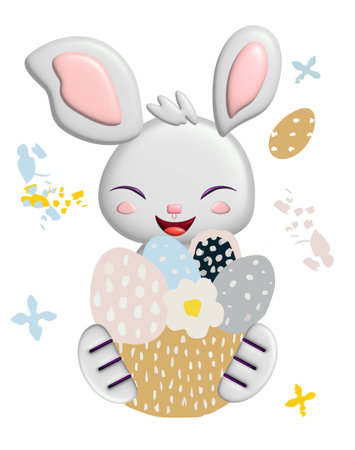 3D Easter vector template of cute bunny, cartoon basket with painted flowers and eggs. Voluminous white ears of the Easter bunny. Funny cartoon illustration for greeting card, banner, poster.の写真素材