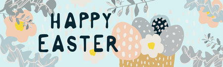 happy easter banner. Trendy Easter design with typography, hand drawn dots, eggs and flowers in modern colors. Minimalist cartoon style. Horizontal poster, greeting card, website header.のイラスト素材