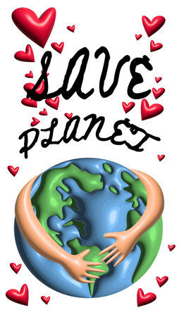 Save the planet concept banner in 3d realistic style with planet and hearts. World environment day, Earth Day, Ecology, Nature concepts. April 22 holiday poster. Green Eco Earth card isolated on whiteのイラスト素材