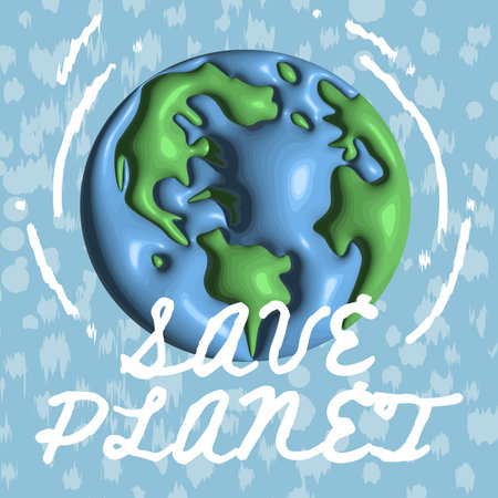 Save the planet concept banner in 3d realistic style with planet. World environment day, Earth Day, Ecology, Nature concepts. April 22 holiday poster. Green Eco Earth card isolated on blue background.のイラスト素材