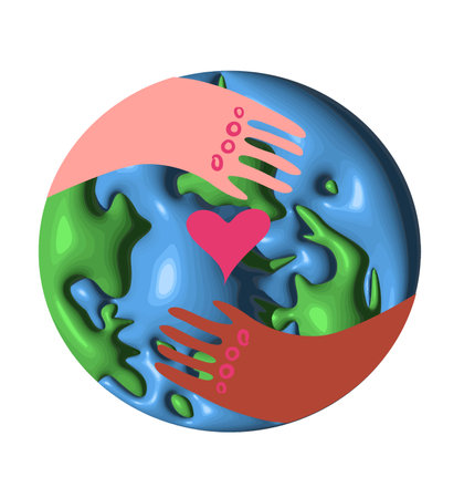 World environment day, Earth day, ecological, save a clean planet concept. Black and white hands around heart and 3D planet Earth. Nature concepts, April 22 holiday poster and Green Eco Earth card.のイラスト素材