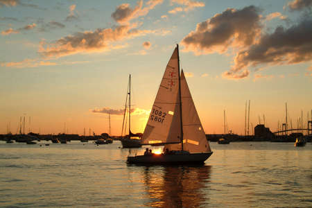 sail boat at sunsetの写真素材