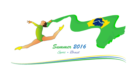 Brazil Summer 2016. Young gymnast woman in green sportswear dress with Brazilian flag, doing art gymnastics element split leap in the air. Isolated on white. Abstract Illustration Hand Drawn. Brazil Sport. Brazil flag. Summer game.のイラスト素材