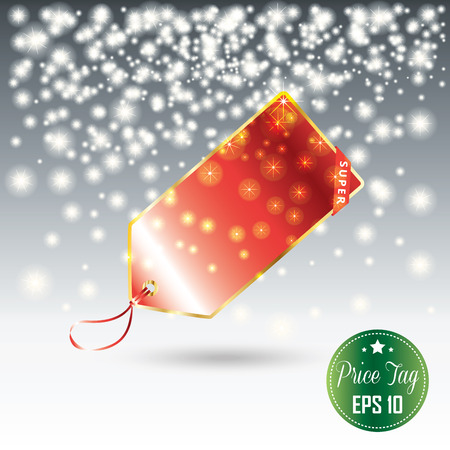Christmas Price Tag sticker. Red price tag and snow falling, shining snowflakes and on Transparent Background. Christmas, Winter and New Year Background. Realistic Winter Vector illustration for Your Design.のイラスト素材