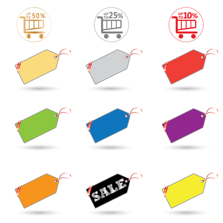 Set of gift tags, price tag, sale basket icons, labels, stickers isolated on white background. Price tags multicolored collection. Shopping basket logo. Sale discount stickers and banners set. Vector. Advertising.のイラスト素材